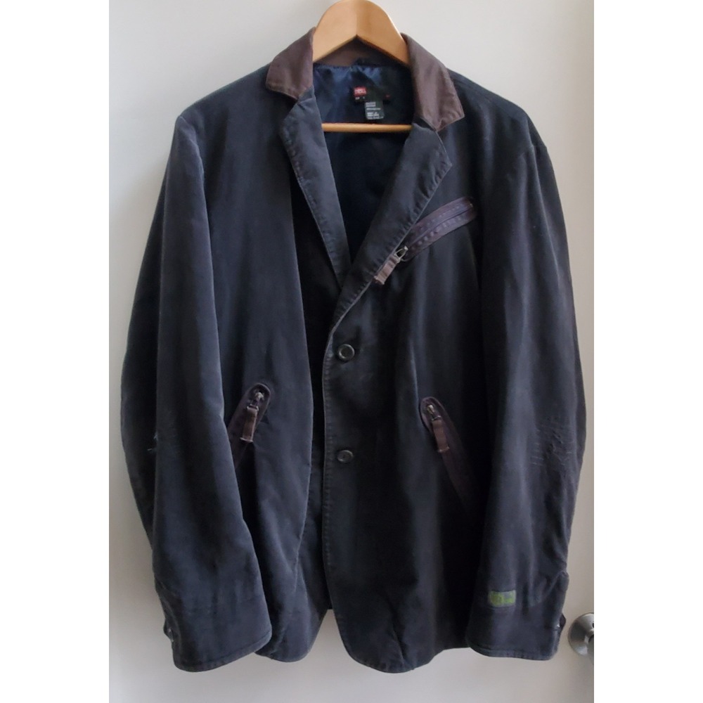 VTG Diesel Velvet Blazer L Jacket Intentionally Distressed Gray/Brwn Zip Pocket